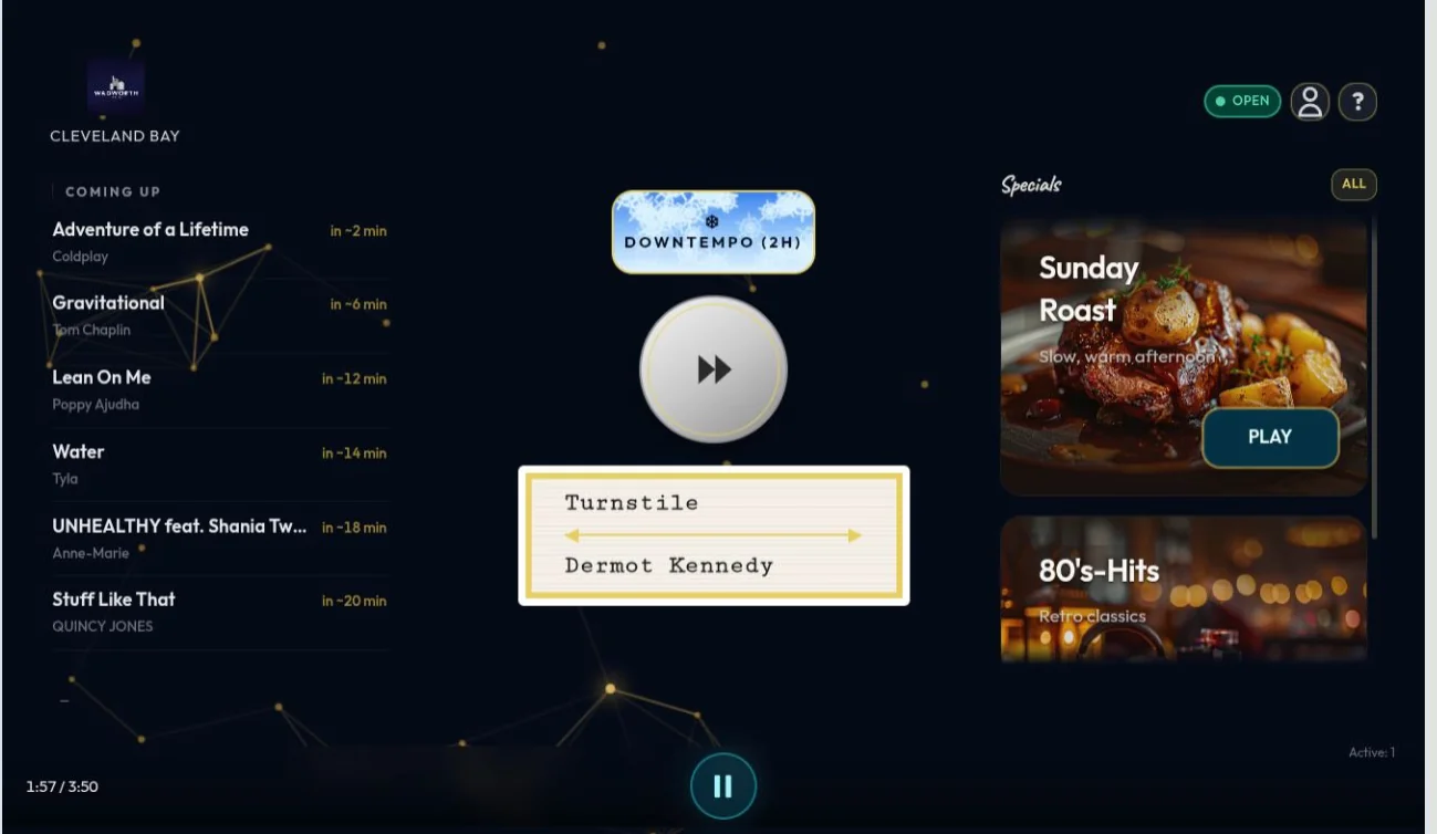 Stylish Ambience venue player showing estate-ready playback controls