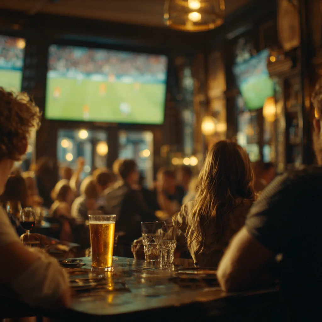 Busy pub interior at lunch or evening — background music supporting the room