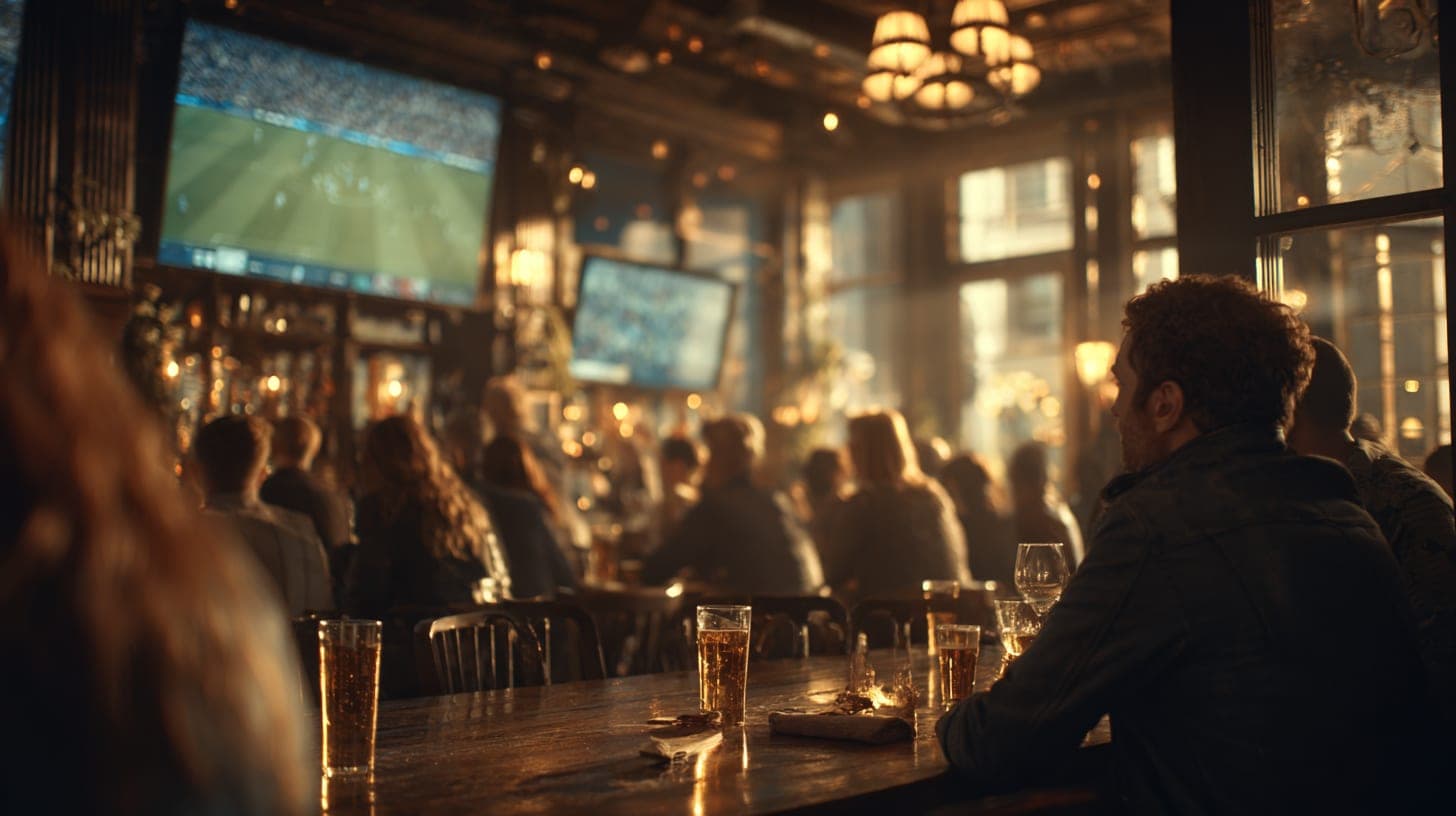 A busy pub watching football — large screens on, warm evening lighting, drinks at the bar