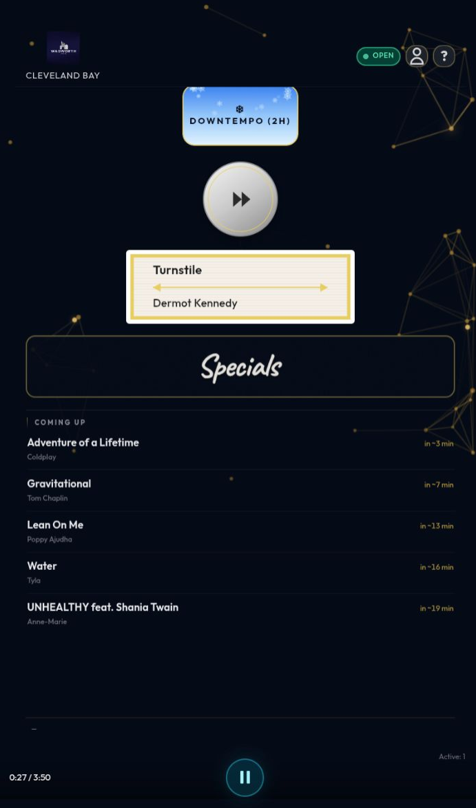 Stylish Ambience venue player on a tablet in portrait orientation, showing now playing and playback controls